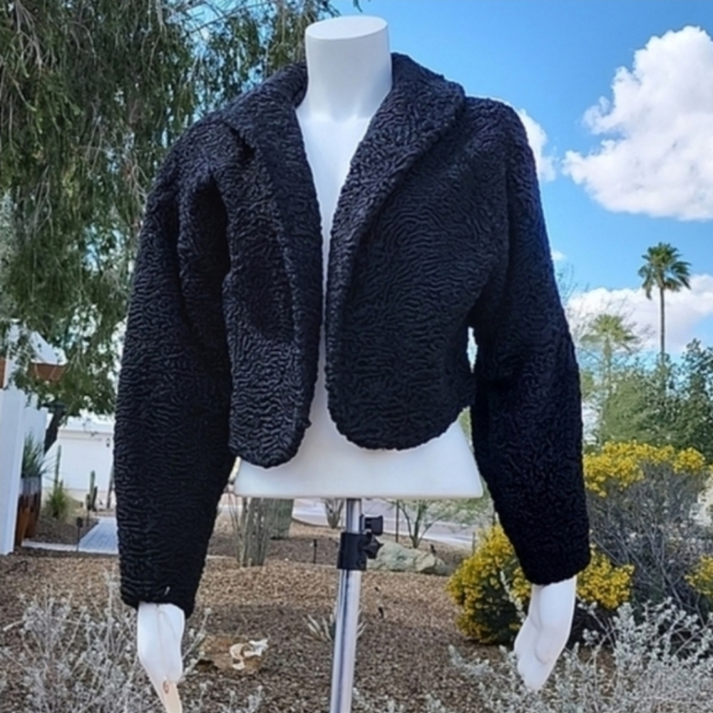VTG BECKMAN FURS Persian Lamb Curly Wool Fur Coat S Croppd Hollywood Glam Jacket - Picture 6 of 17